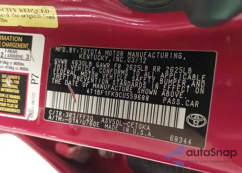 2012 Toyota Camry Se из США, поврежденный, VIN 4T1BF1FK9CU559688